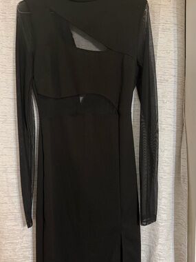Fashion Nova Black Long Sleeve Sheer Panel Midi Dress
